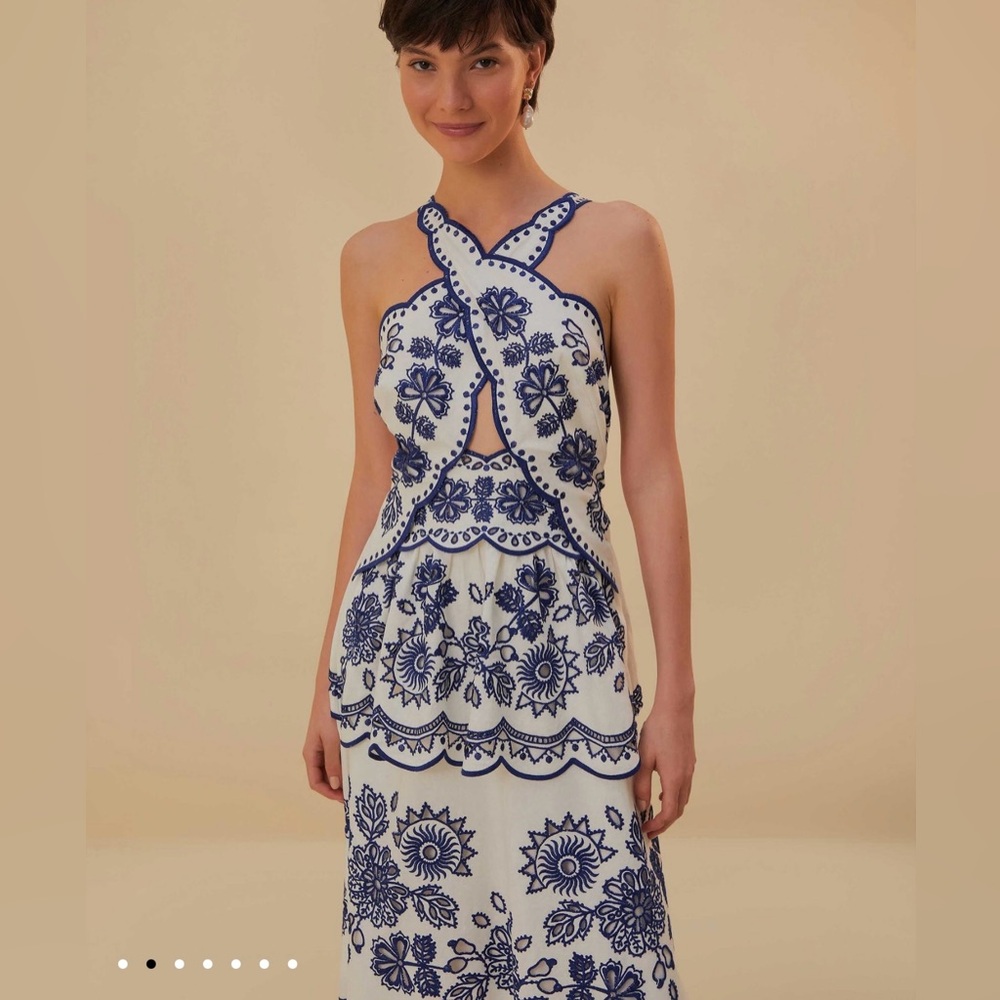 FARM RIO Off-White Cut Out Elegant Floral Halter Embroidered Linen Midi Dress